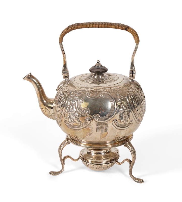 A George I silver tea kettle on stand, with burner by Gabriel Sleath, stand unmarked